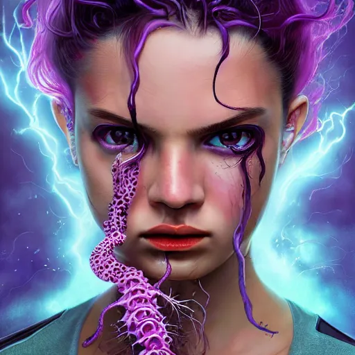 Image similar to detailed photo portrait of a furious teen girl with thin, hair-like purple tentacles on her head and bright purple eyes, 8k,by tristan eaton, Stanley Artgermm,Tom Bagshaw,Greg Rutkowski,Carne Griffiths,trending on DeviantArt, face enhance,hyper detailed ,full of colour, dramatic lightning