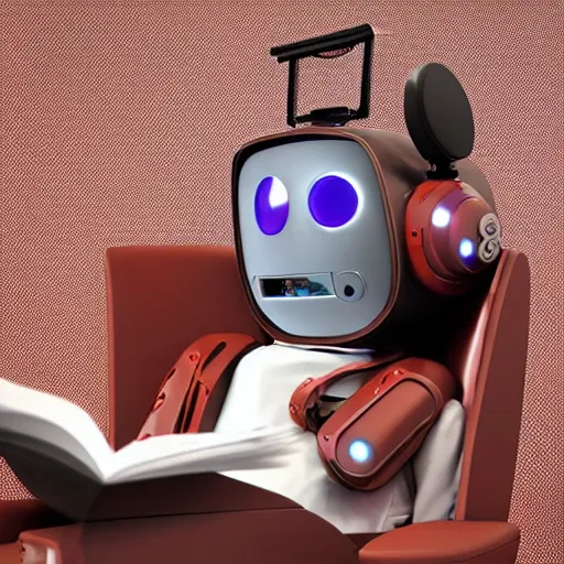 Image similar to futuristic studious matte brown and red and chrome full-body humanoid robot with two huge round expressive sad purple glowing LED eyes and open rectangular mouth sitting on a large comfortable cushioned 1950s vintage recliner reading a newspaper. open newspaper. wide Cinematic Movie Photograph, Arri Alexa, Extremely Detailed, smooth, very very clean, 8K, octane render, maya render, unreal engine, trending on artstation, DSLR, excellent composition, center frame