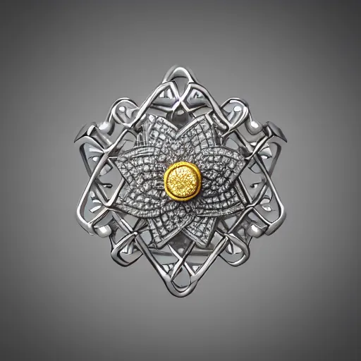 Image similar to intricate!! nordic ring and necklace and ear, silver and gold and diamond, isolated on a white background and a flower in the background, refraction, occlusion, filigree, lower and upper levels, keyshot render, octane render, vray render