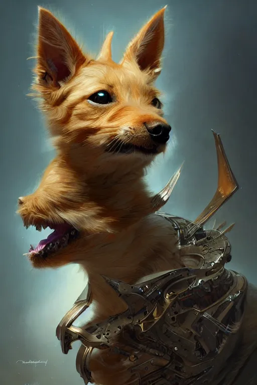Prompt: cyborg norwichterrier with human body, fantasy, intricate, elegant, highly detailed, digital painting, artstation, concept art, smooth, sharp focus, illustration, art by artgerm and greg rutkowski and aleister crowley