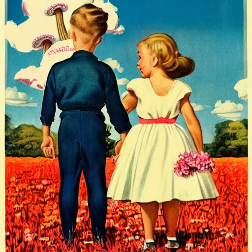 Prompt: 1 9 5 0 s propaganda poster, mushroom cloud in background, two children holding hands in a field of flowers, normal rockwell, symmetrical