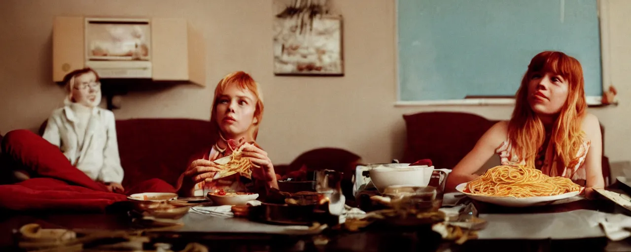 Image similar to eating spaghetti alone in front of the tv, modern era, canon 5 0 mm, kodachrome, in the style of wes anderson