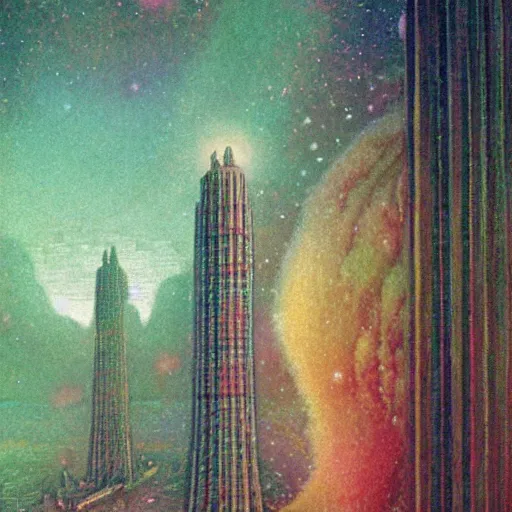 Image similar to auralwavewave tall misty galaxy cocobao crayola crayon heaven grain, by William Hogarth and Vincent Di Fate, matte painting, smooth tall fluffy hell vapor witch's garden tower phant