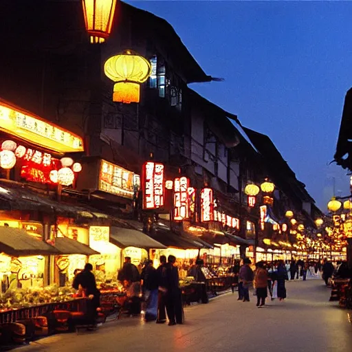 Image similar to A street full of restaurants in Hangzhou in the early 2000s, evening