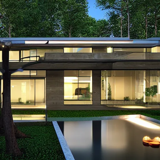 Image similar to contemporary house in the forest, lights inside, foliage, square pool, unreal engine, textures, detailed, realistic