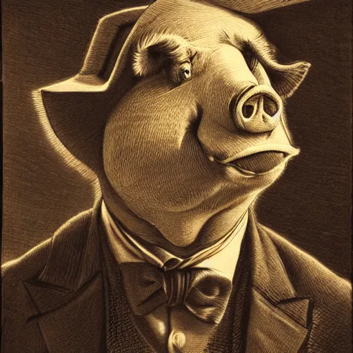 Image similar to closeup portrait of a angry pig in a tuxedo, dramatic lighting, farm background, moon, chiaroscuro, high detail, illustration by gustave dore