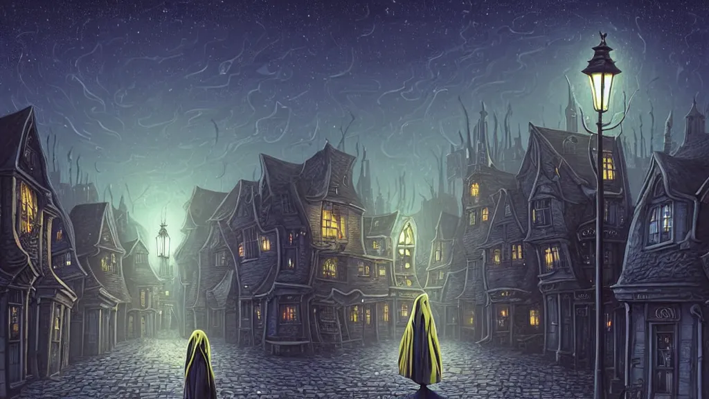 Image similar to lady dressed in long hooded cloak walks in empty lovecraftian town square surrounded by houses and inns.. cthulhu statue.. lovecraftian city at night by cyril rolando and naomi okubo and dan mumford and ricardo bofill.. lovecraft.. cobbled streets.. oil lamp posts.. lovecraftian.. starry night swirly sky.