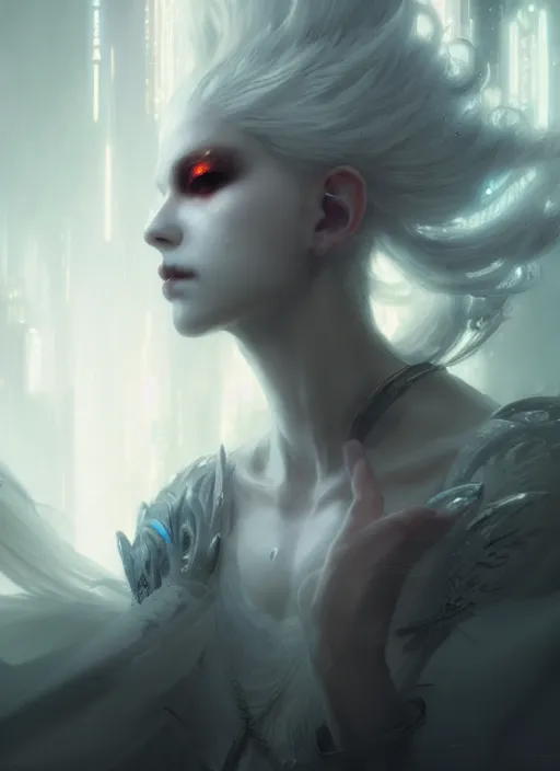 Prompt: a beautiful white haired princess, intricate concept art, ethereal, ominous, dramatic lighting, cyberpunk darksynth, ruan jia and zeronis and wlop