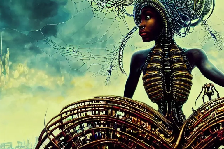 Prompt: realistic detailed closeup portrait movie shot of a beautiful black woman riding a giant spider, dystopian city landscape background by denis villeneuve, amano, yves tanguy, alphonse mucha, max ernst, ernst haeckel, kehinde wiley, caravaggio, roger dean, cyber necklace, rich moody colours, sci fi patterns, wide angle