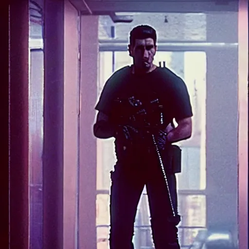 Prompt: a vhs still portrait of the punisher breaking into the office from a gritty cyberpunk 2 0 0 0 s james cameron movie about spider - man. realism, cinematic lighting, 4 k. 8 mm. grainy. panavision.