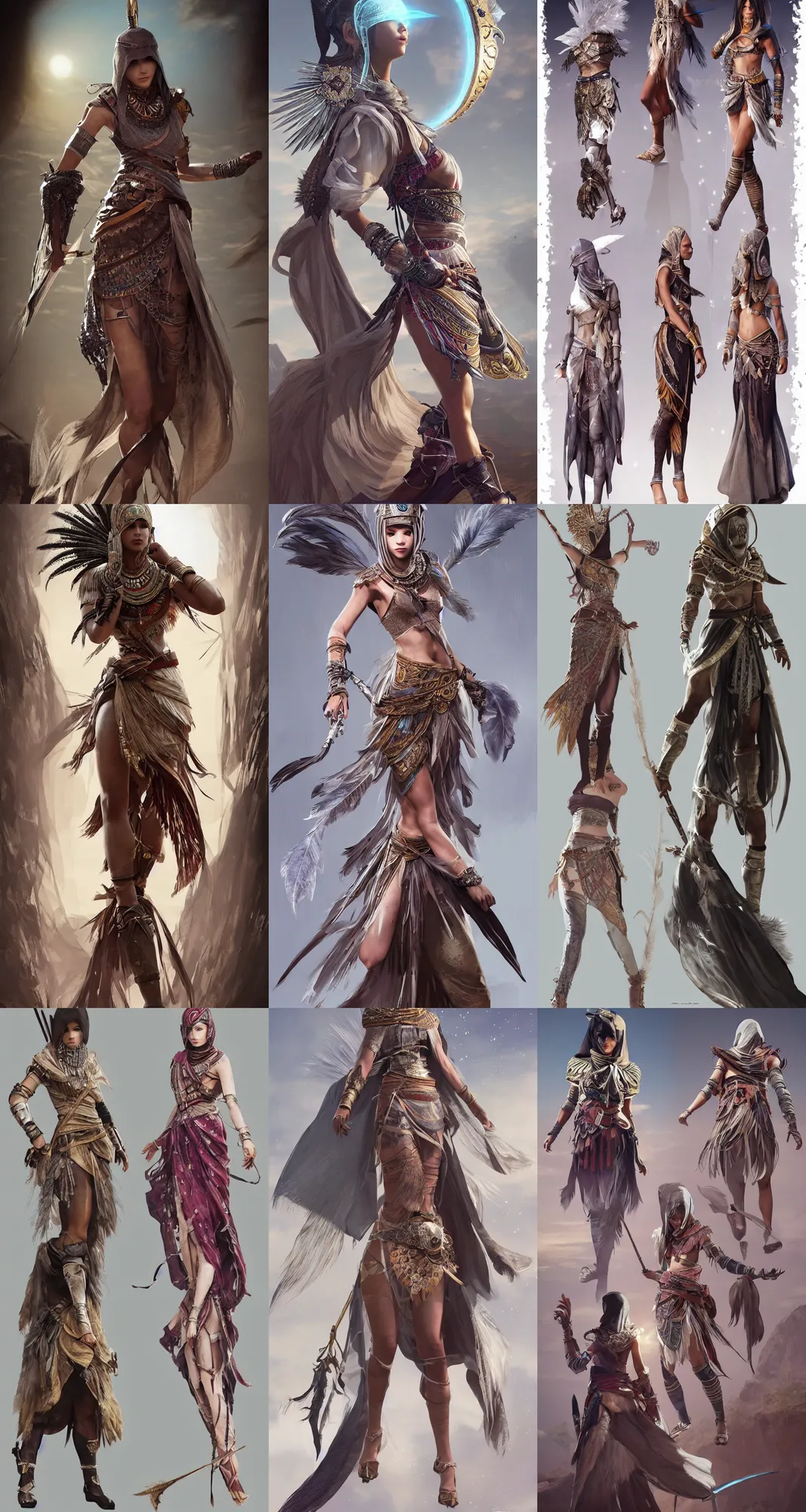 Prompt: Character concept and fashion spot illustrations from the Final Fantasy and Assassin's Creed Origins mashup, full-body, bloom, dynamic poses, diaphanous cloth, intricate crystalline and feather jewelry, ornate, filigree, arcane, cinematic lighting, by WLOP, by Ross Tran, by James Gurney, by Artgerm, by Sakimichan, fantasy, portfolio illustration, highly detailed, trending on Artstation, CGsociety, HQ, 8k, 35mm lens, f2.8, Bokeh,