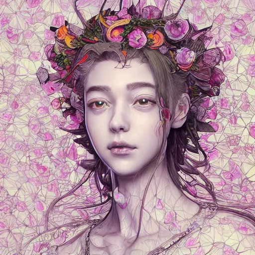 Prompt: the portrait of an absurdly beautiful, graceful, elegant, chaste, young woman made of petals looking up, an ultrafine detailed illustration by kim jung gi, irakli nadar, intricate linework, bright colors, octopath traveler, final fantasy, angular, unreal engine 5 highly rendered, global illumination, radiant light, detailed and intricate environment