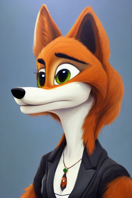 Image similar to oil painting of anthromorphic female wolf, in style of zootopia, female fursona, furry, furaffinity, 4 k, deviantart, furry art, fursona art, wearing black business suit, business suit, wolf fursona, female, very expressive detailed feminine face,