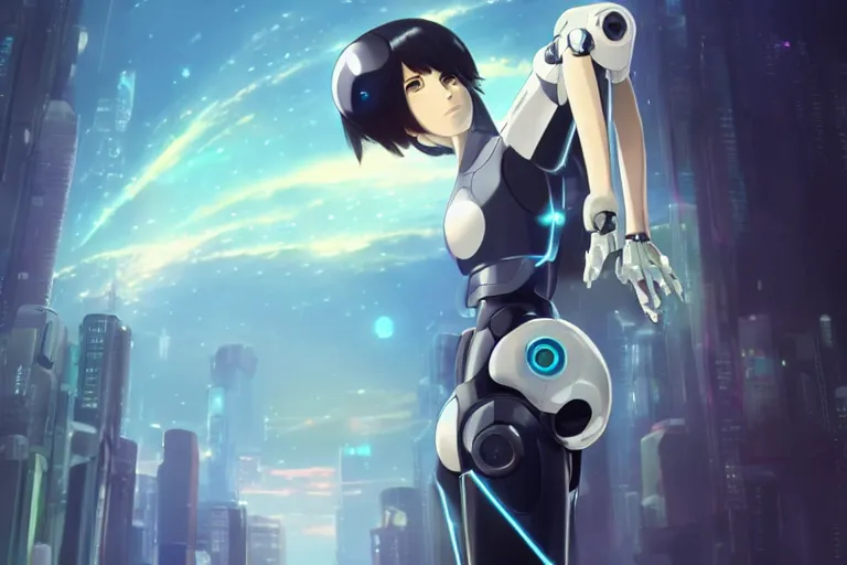 Prompt: makoto shinkai. robotic android girl. futuristic cyberpunk. dystopia. vibrant nebula sky. full robotic andorid body. robotic android body.