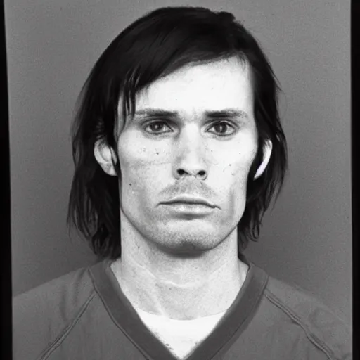 Image similar to A mugshot portrait of a man who looks like Jerma985 with short length wavy hair and a slightly receded hairline and thin bangs, wearing mid 1980s menswear in the late 1980s, taken in the late 1980s, grainy, realistic, hyperrealistic, very realistic, highly detailed, very detailed, extremely detailed, detailed, trending on artstation, front facing, front view, headshot and bodyshot, detailed face, very detailed face