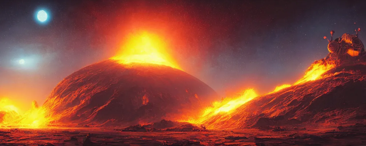 Image similar to ” outer planet with erupting volcanoes, [ art by paul lehr, cinematic, detailed, epic, widescreen, opening, establishing, mattepainting, photorealistic, realistic textures, octane render ] ”