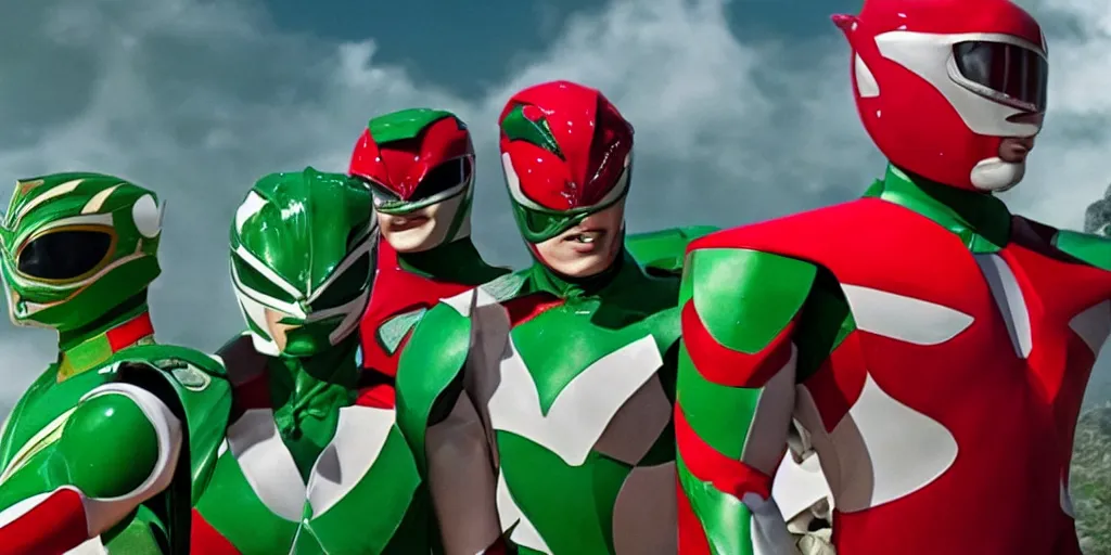 Image similar to realistic scene of red and green power rangers in war, ultra realistic, 8 k