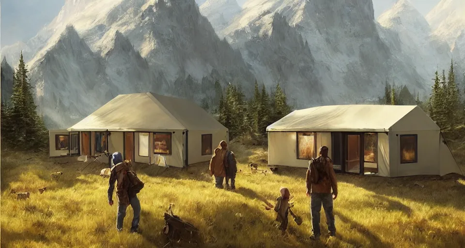 Image similar to cabela's beautiful comfortable modular insulated container home wall kit - house all weather family dwelling tent house, person in foreground, mountainous forested wilderness open fields, beautiful views, painterly concept art, environmental concept art, concept art illustration, by james gurney, by craig mullins, by greg rutkowski trending on artstation