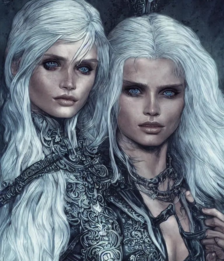 Prompt: Abbey Lee as Ciri from The Witcher, intricate, elegant, highly detailed, smooth, sharp focus, detailed face, high contrast, dramatic lighting, graphic novel, art by Ardian Syaf and Pepe Larraz,