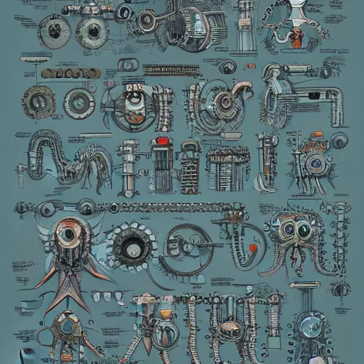 Prompt: a mechanical blueprint of a lovecraftian mechanized funny crazy monsters, wide shot,, muted colors, post grunge, studio ghibli, hq, art by artgem