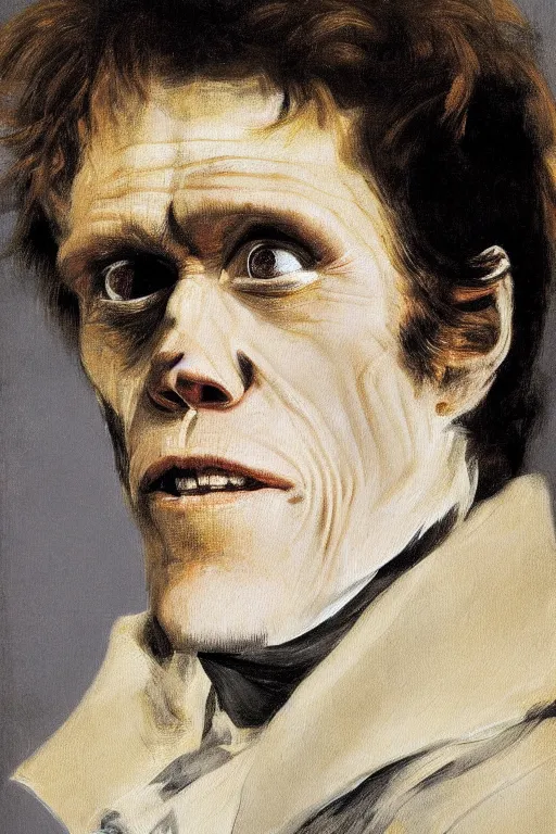 Prompt: willem dafoe, portrait, painting by francisco goya