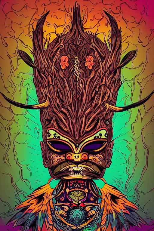 Image similar to animal mask totem roots flower tribal feather gemstone plant wood rock shaman vodoo video game vector cutout illustration vivid multicolor borderlands comics by josan gonzales and dan mumford radiating a glowing aura