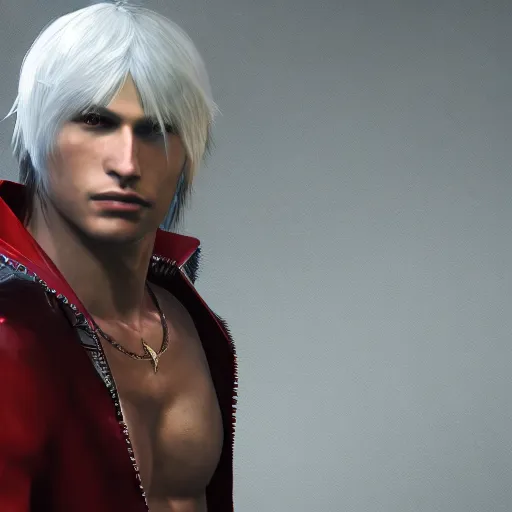 Image similar to portrait of dante from devil may cry 4, medium length hair, realistic, high quality, unreal engine, highly detailed face, sharp focus, depth of field, ambient lighting, ray tracing, 8k, hdr, artstation trending,