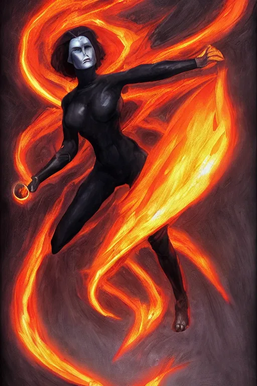 Image similar to Female fire elemental made of black flames wearing a strict business suit, with no face by Annie Swynnerton and Nicholas Roerich, madness combat, strong dramatic cinematic lighting , blood red sky, grey skin, smooth, sharp focus, extremely detailed