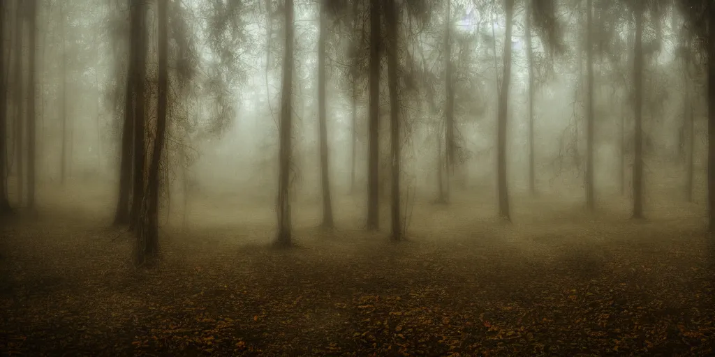 Image similar to circus tent in lush old forest, creepy ambiance, hazy, high focus, high detail