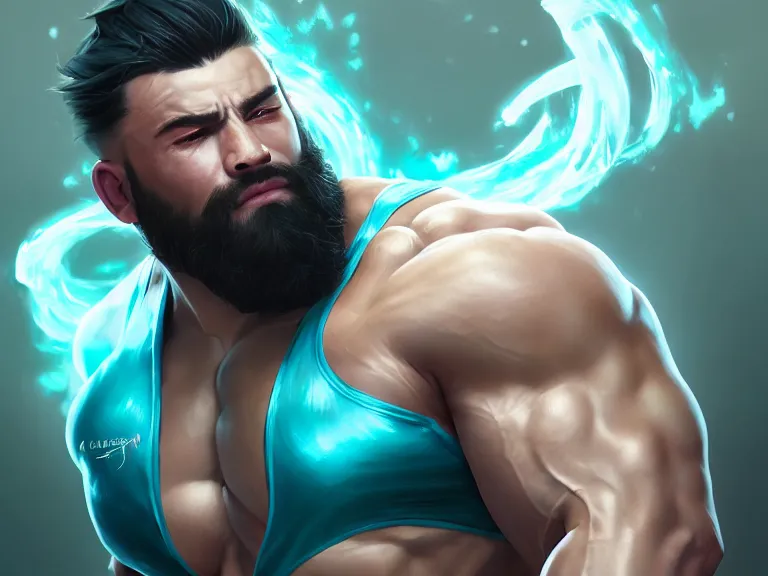 Image similar to portrait of a professional powerlifter, energy illuminates veins, low angle, rule of thirds, white and teal gradient, photorealistic facial features, league of legends splash art, by chengwei pan, huang guangjian, viktoria gavrilenko, artgerm, greg rutkowski, 8 k, octane, digital painting, artstation