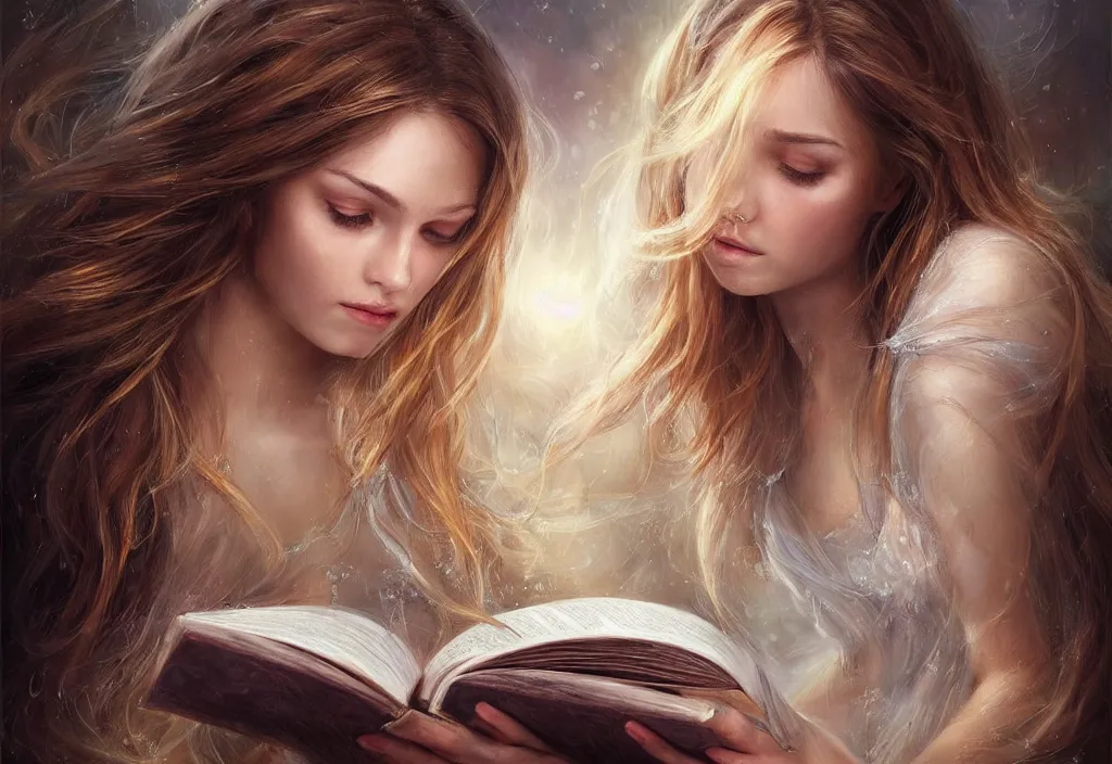 Image similar to a girl reading a book, hair flowing down, 8 k, hyperrealistic, hyperdetailed, fantasy portrait by laura sava, singular woman