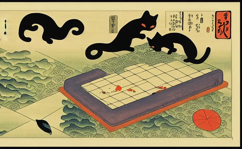 Prompt: business dashboard with time series charts, pie plots and other modern graphics, with small creatures swimming on it. diego rivera ( in ukiyo - e style ). ravi supa. cat