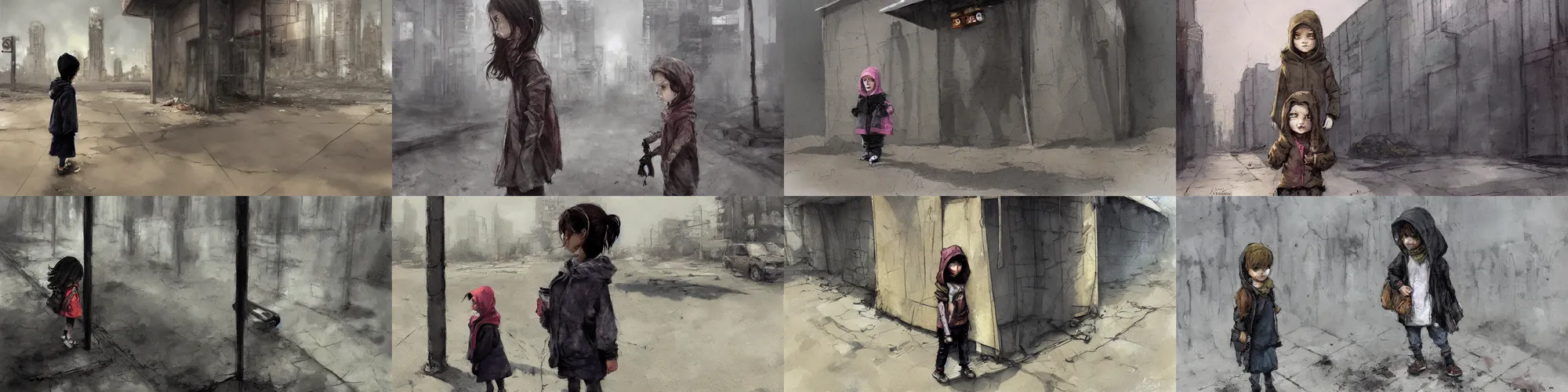 Prompt: a little girl wearing a hoodie standing in a post - apocalyptic city by craig davison, abandoned bus stop, scorching weather, painterly style