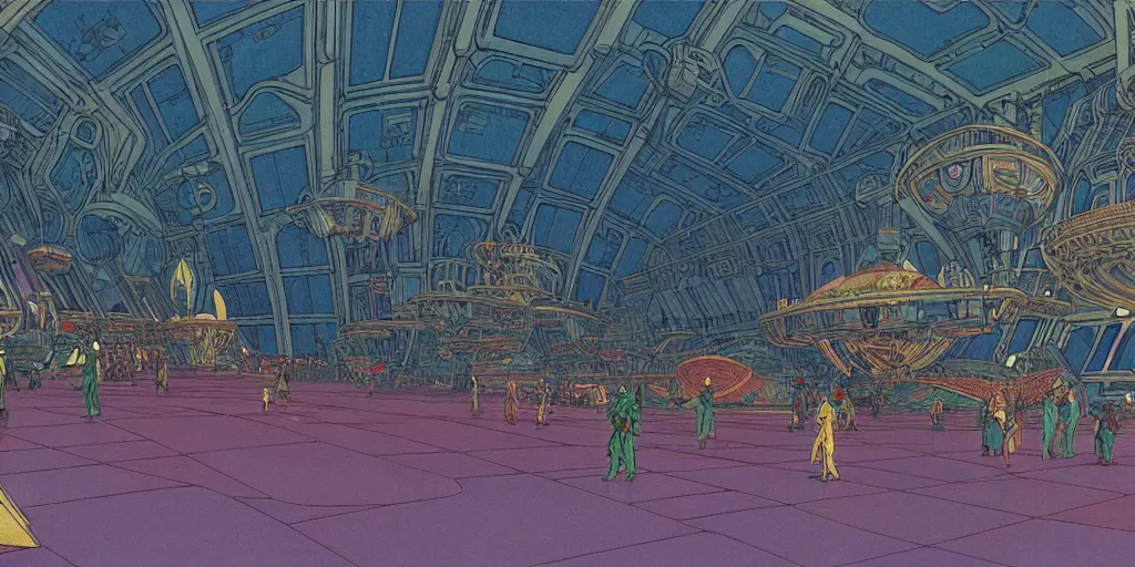 Image similar to cel shaded cinematic shot of the interior of a sci-fi space station with ornate Elven architecture bustling with people, epic castle, emerald, crystalline, detailed illustration, sharp focus, crisp lines, art by Moebius, Jean Giraud Moebius comic illustration