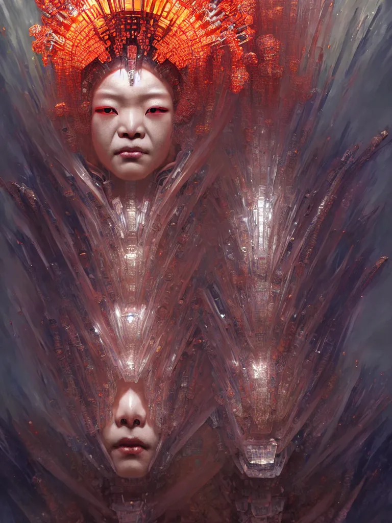 Image similar to asura from chinese myth, ghost, gorgeous and huge head ornaments, dystopian, cyberpunk, organic fractal mycelum and fungi, mecha, halfturn portrait of a big crystal face made of crystals half - turn, ominous, intricate, studio, art by anthony macbain + greg rutkowski + alphonse mucha, concept art, 4 k, sharp focus