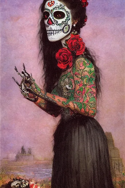 Prompt: Illustration of a sugar skull day of the dead girl, art by arnold bocklin