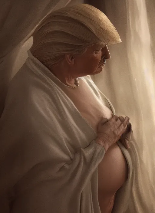 Prompt: trump as mother theresea, ultra realist and ultra intricate detailed, sensual gloomy style, volumetric lighting, artstation, unreal render, depth of field