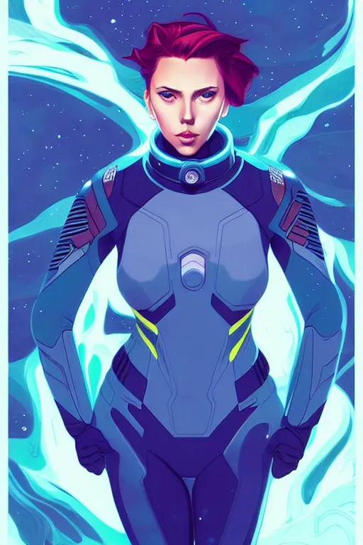 Image similar to style artgerm, joshua middleton, illustration, scarlett johansson as space astronaut wearing green pelt light armor, anime eyes, blue hair, swirling water cosmos, fantasy, dnd, cinematic lighting