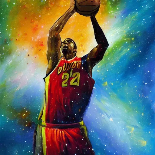 Image similar to an expressive oil painting of a basketball player dunking, depicted as an explosion of a nebula