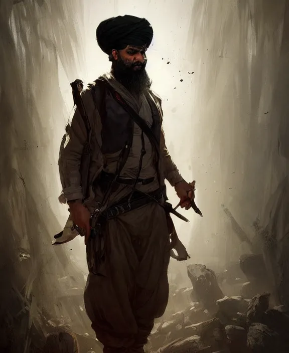 Image similar to Arabic Hunter in Hunt Showdown, posing, turban, white shirt, 1890s pants, quality lighting, dark colors, maximalism, ultra facial detail, Tooth Wu Artgerm Greg Rutkowski artstation deviantart, 8k, fanart, extreme aesthetic