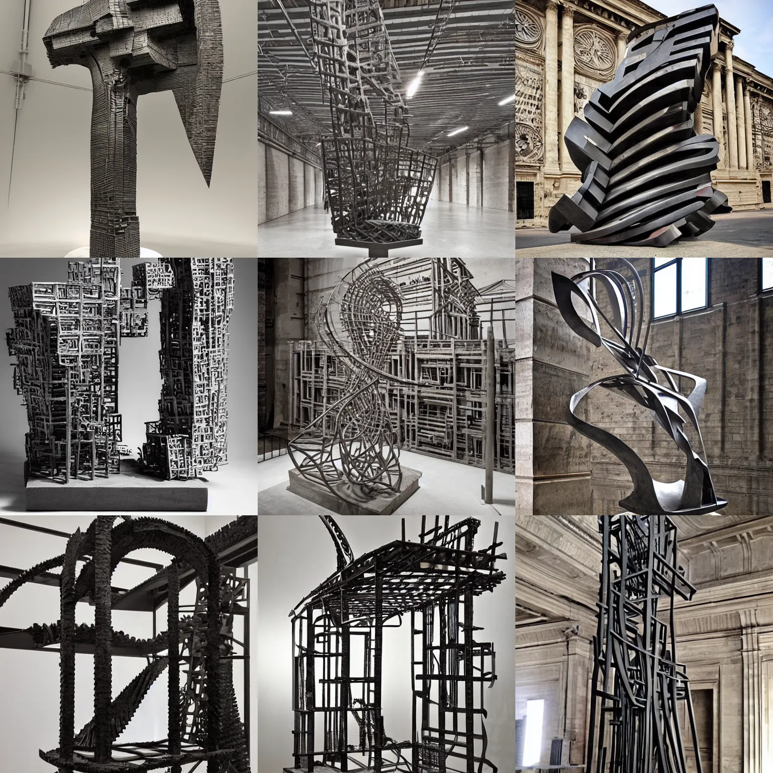 Prompt: Award-winning sculpture by Giovanni Battista Piranesi ((and Eduardo Chillida)). Made of steel, hyper-detailed. Studio lightning