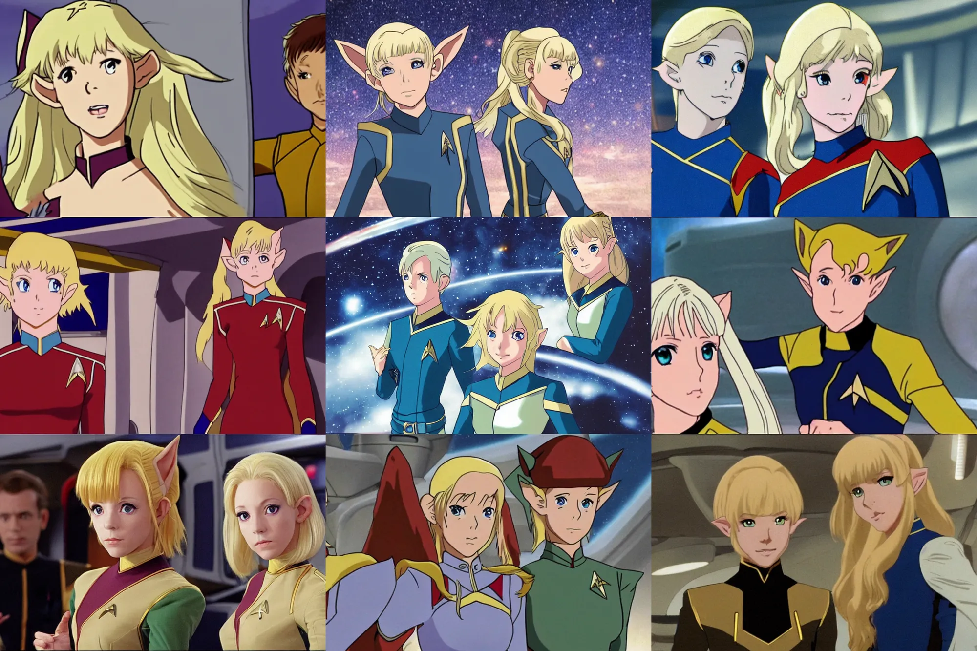 Prompt: anime of young attractive high-fantasy elf (blond) in a Starfleet uniform in Star Trek, scene where she is on Deep Space Nine, sharp