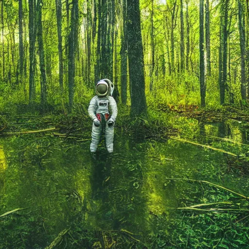 Image similar to An astronaut exploring a green swamp in an alien planet at golden hour