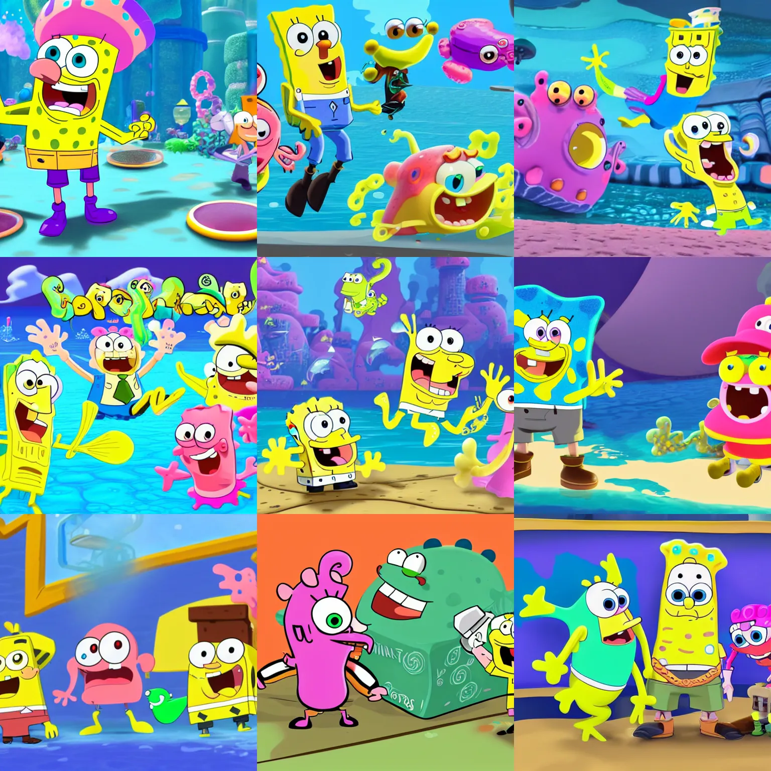 Prompt: concept art of the cast of spongebob squarepants as npc background fish in splatoon by nintendo