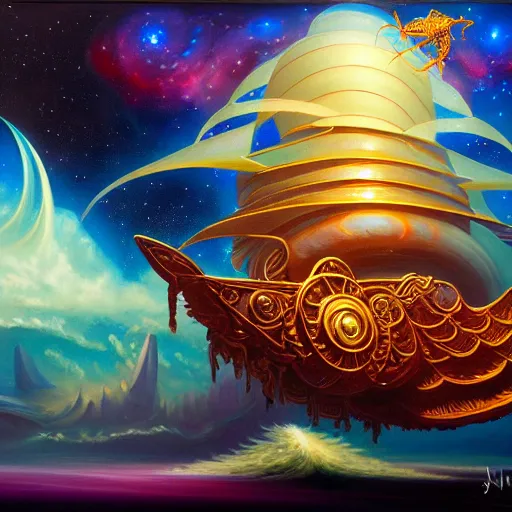 Prompt: painting of ornate space ship, nebulae background, nautilus, shell, space jammers, fins, sails, dust clouds, dark shadows, soft lighting, art deco, d & d, dust, sun, 4 0 k warhammer, shrimp, prawn, fine brush strokes