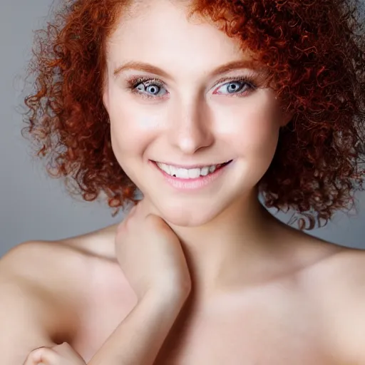 Prompt: Studio photography with professional lighting of a young pretty woman. High detail, soft skin, 8k, curly red hair, smiling, big green eyes