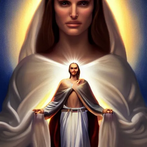 Prompt: a painting of Natalie Portman as the Messiah by Ross Tran, Bruce Timm and Vladimir Kush, highly detailed digital art, holy aura, serene expression