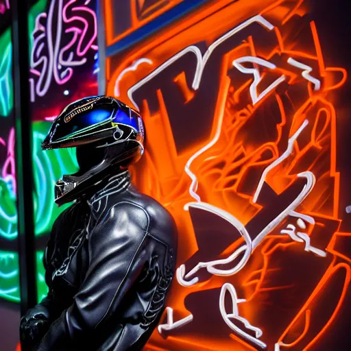Image similar to extremely beautiful photo of a white marble statue of a black man with colorful motocross logos and motorcycle helmet with closed visor, colorful smoke in the background, carved marble statue, fine art, neon genesis evangelion, highly detailed, 8 k, hyperreal