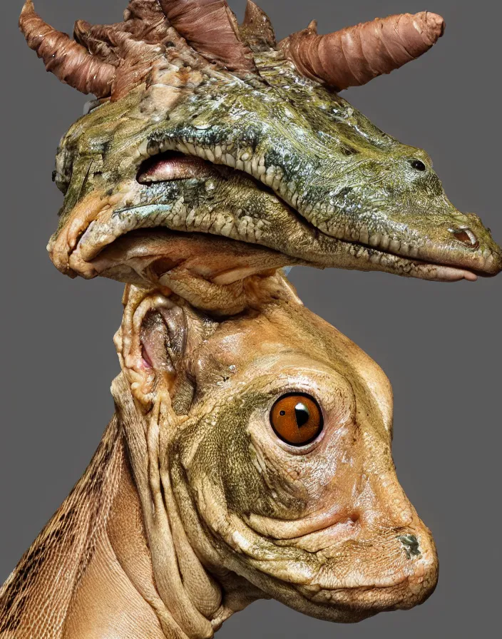 Image similar to high resolution photo portrait of muscular animal human merged head dolphin horse head, shark merging snake goat skin ears, background removed, scales skin frog rat, alligator cat merged bird head cow, chicken face morphed fish head, gills, horse head animal merge, morphing dog head, animal eyes, merging crocodile head, anthropomorphic creature