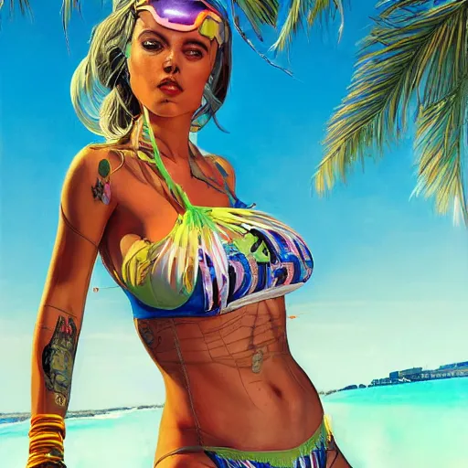 Prompt: a portrait of beautiful, mischievous, young woman in neon bikini by sandra chevrier, detailed render, epic composition, cybernetics, 4 k realistic, cryengine, realistic shaded lighting, sharp focus, masterpiece, by matteo scalera, gary montalbano, peter elson in the style of the tokyo ghost comic
